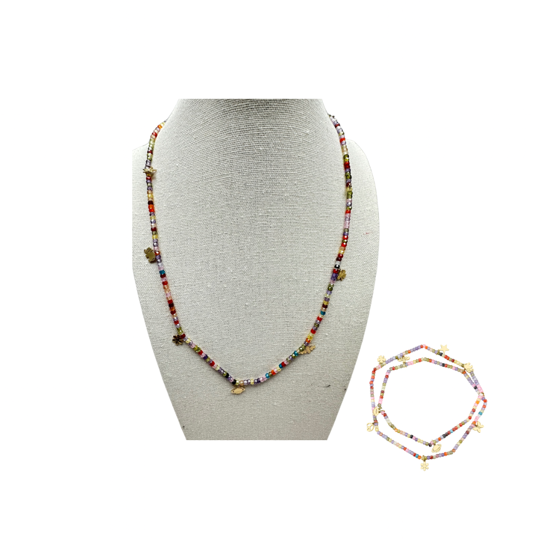 Pure Gold Tiny Multi-Charm Rainbow Zircon Wrap Bracelet - Necklace