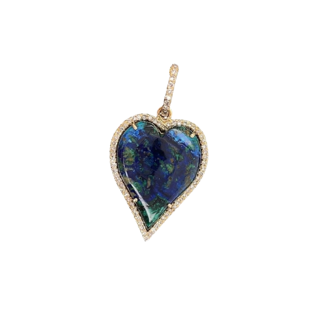 14K Gold Diamond & Azurite Malachite Heart Charm Pendant