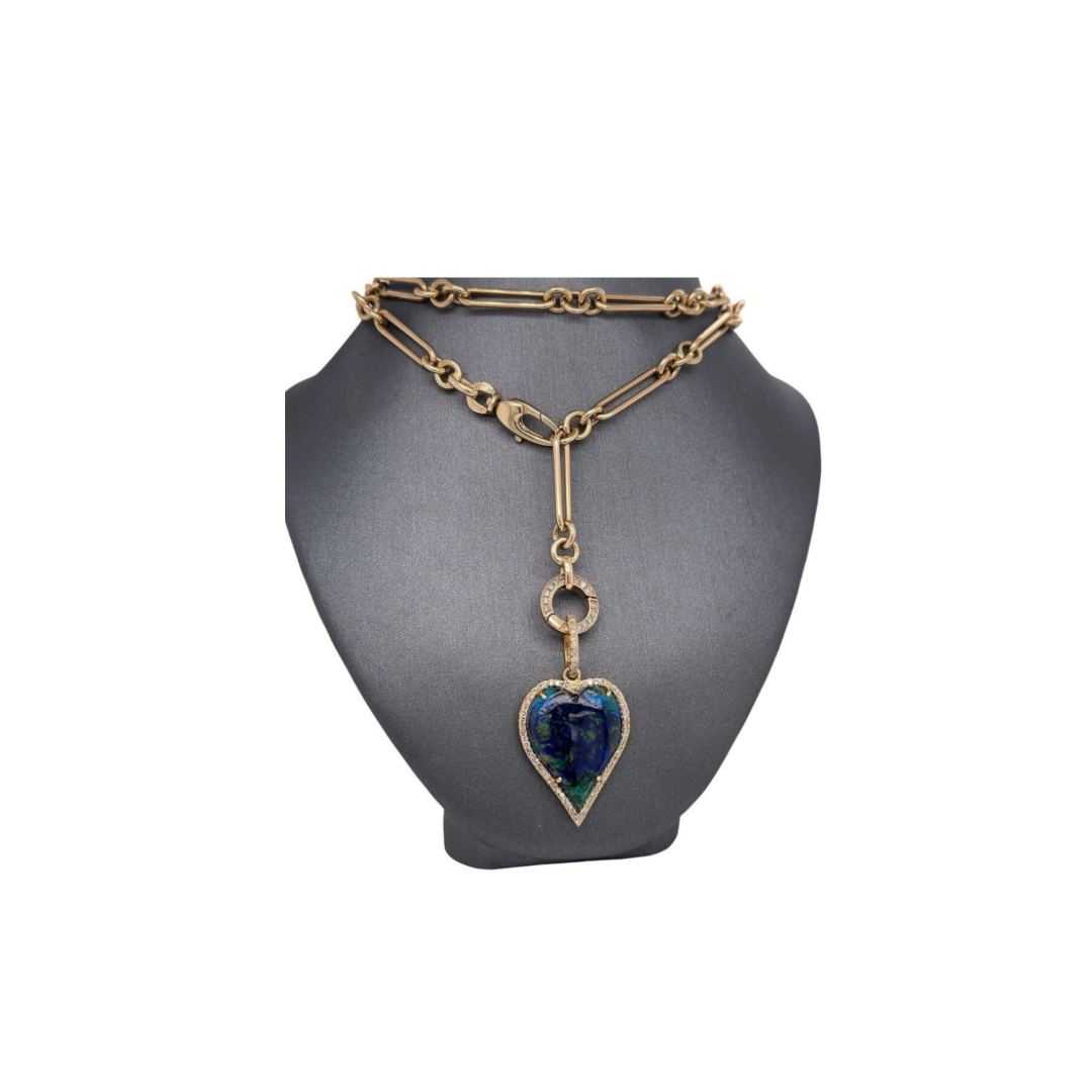 14K Gold Diamond & Azurite Malachite Heart Charm Pendant